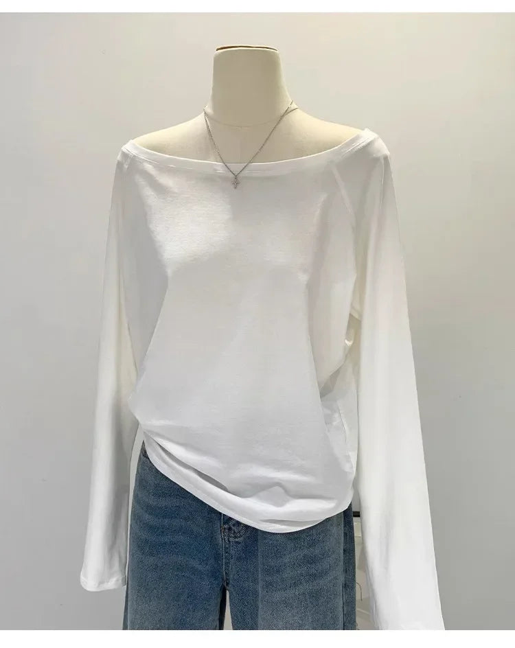 Otoño Invierno un hombro algodón manga larga hombro inclinado ropa de mujer estilo Interior ancho trufa hombro Base camisa