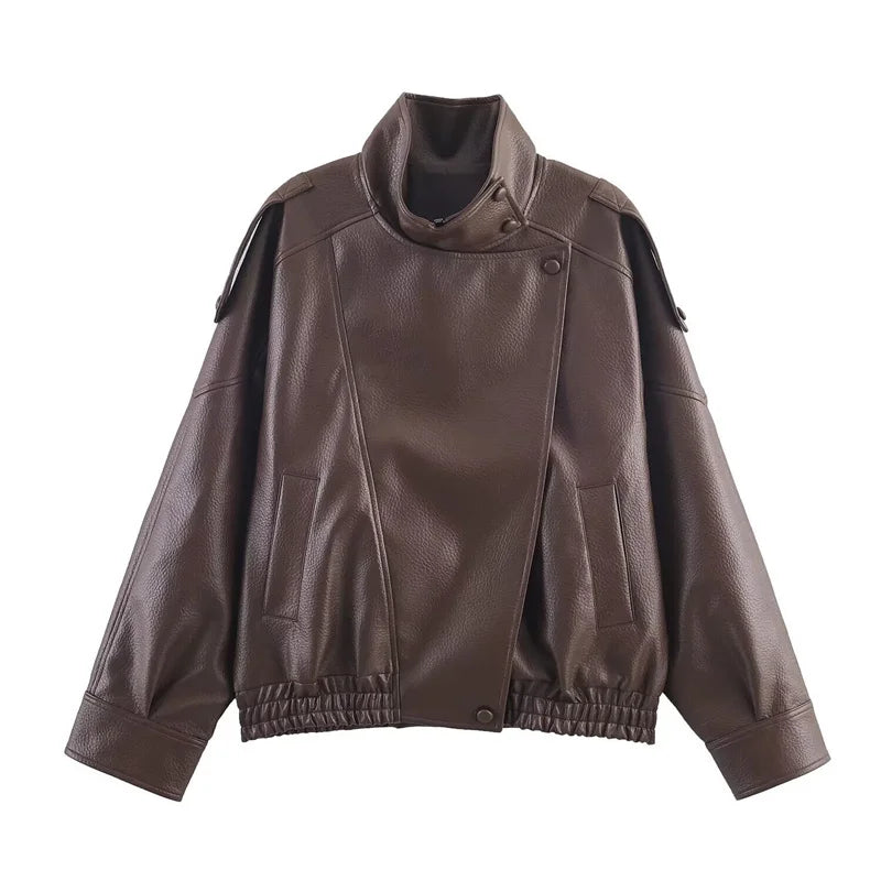 Chaqueta de Mujer Otoño 2026, Nueva Chaqueta Negra de Manga Larga de Cuero Sintético con Textura Granulada, Estilo Motociclista, a la Moda y con Personalidad