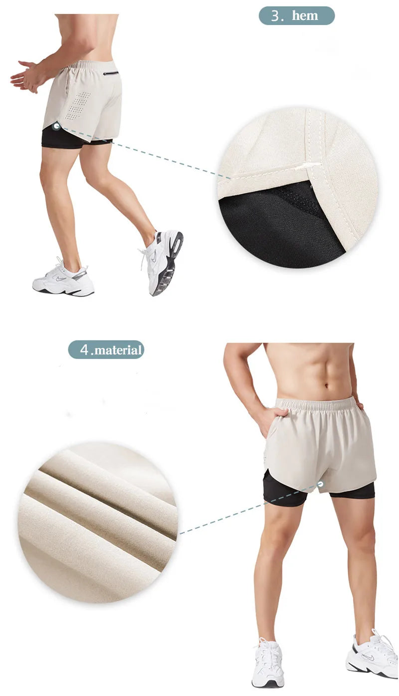 Pantalones cortos para correr para hombre, pantalones cortos negros de doble capa para Fitness de secado rápido, nuevos pantalones cortos deportivos para entrenamiento y culturismo