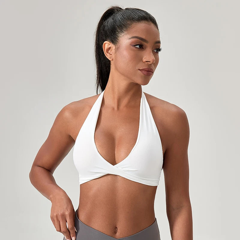 Sujetador deportivo de yoga para mujer, cuello halter con diseño de espalda elegante, sujetador de gimnasio sexy para correr, sujetadores deportivos de fitness