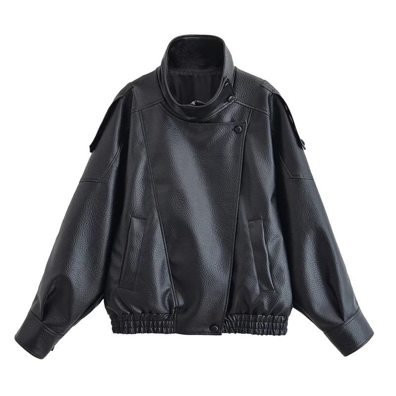 Chaqueta de Mujer Otoño 2026, Nueva Chaqueta Negra de Manga Larga de Cuero Sintético con Textura Granulada, Estilo Motociclista, a la Moda y con Personalidad