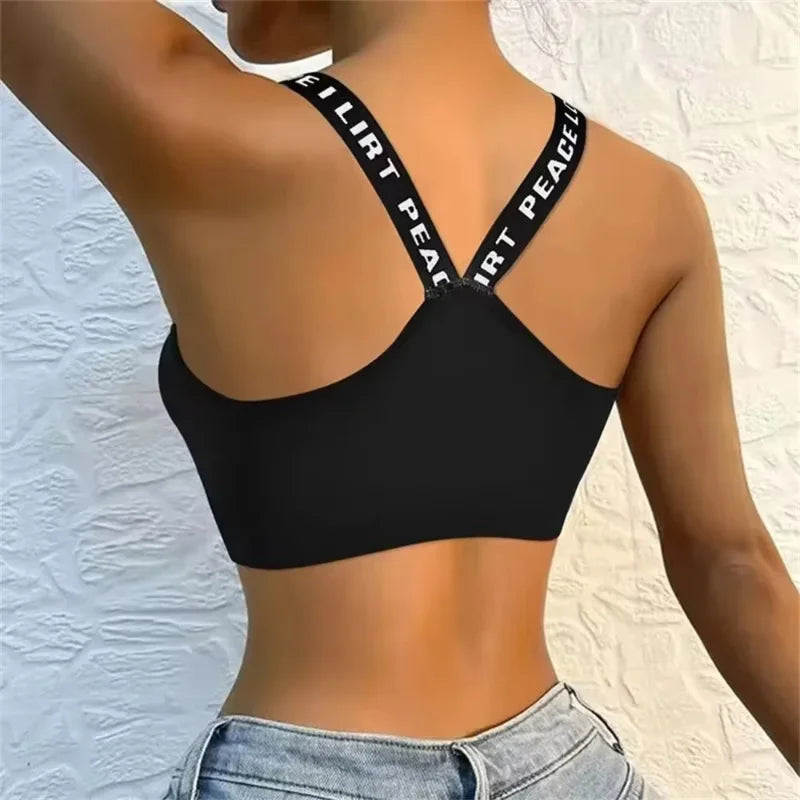 Ropa interior deportiva para mujer, top corto sin costuras para yoga y fitness, con tirantes anchos con letras, cómodo para entrenamiento, ropa deportiva sin aros en la espalda