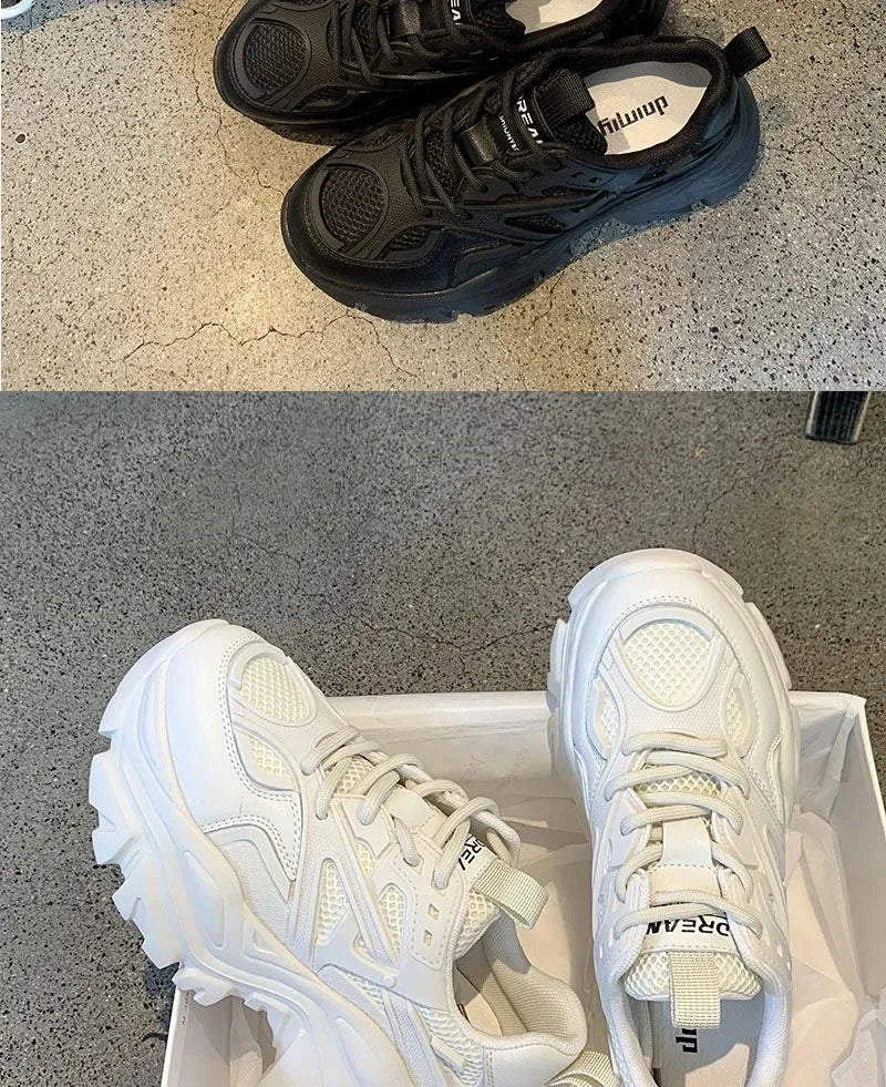 Nuevos zapatos deportivos de plataforma a la moda para mujer, zapatillas gruesas informales negras de verano 20224, zapatos de plataforma de cuero de malla para mujer