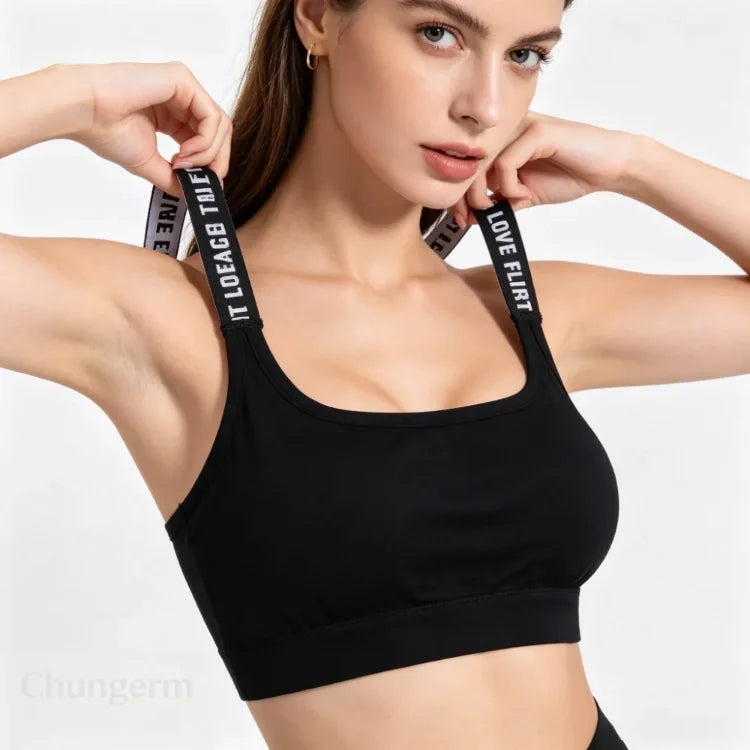 Ropa interior deportiva para mujer, top corto sin costuras para yoga y fitness, con tirantes anchos con letras, cómodo para entrenamiento, ropa deportiva sin aros en la espalda