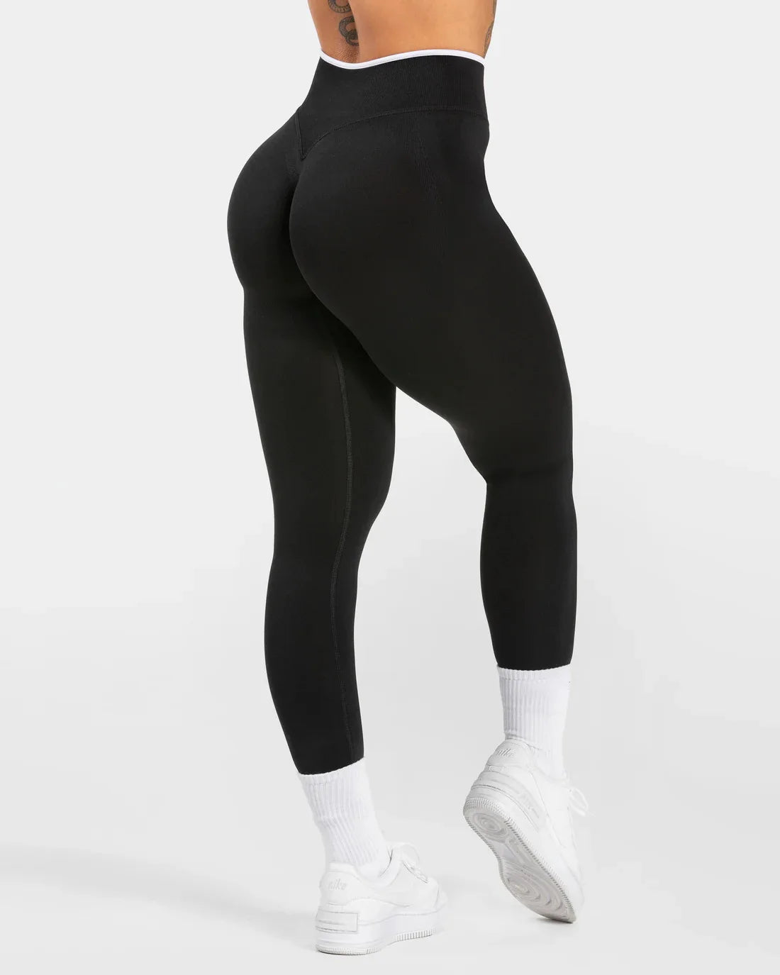 Nuevos leggings de yoga para mujer con bloques de color, mallas sin costuras de punto, cintura alta, efecto levantacola, para gimnasio y entrenamiento, con borde blanco, leggings deportivos.