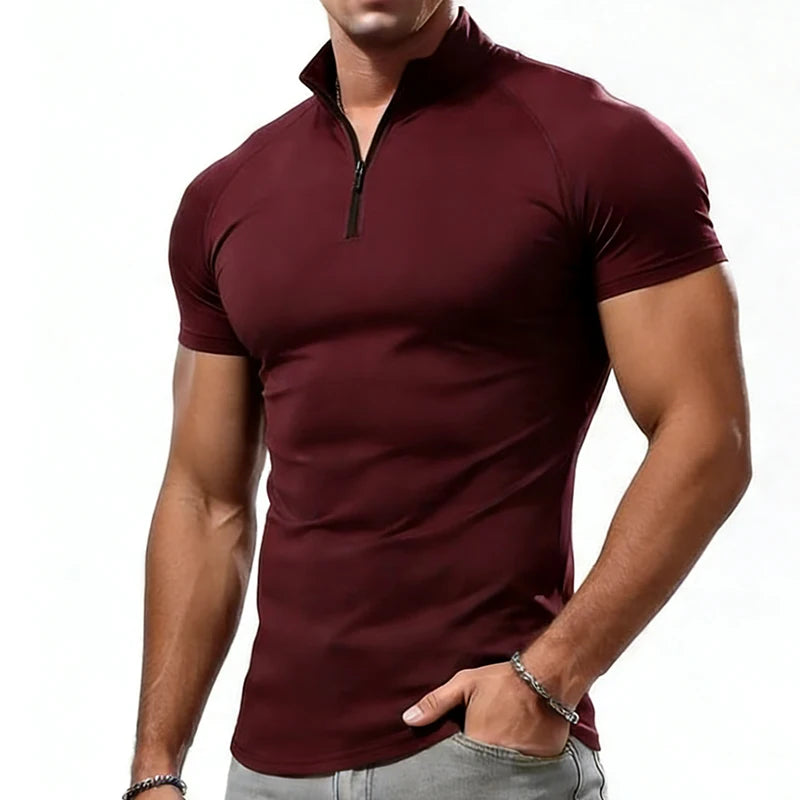 Camiseta de compresión para hombre, de verano, con cuello con cremallera, tops masculinos, camiseta de gimnasio, fitness, ajustada, casual, a la moda