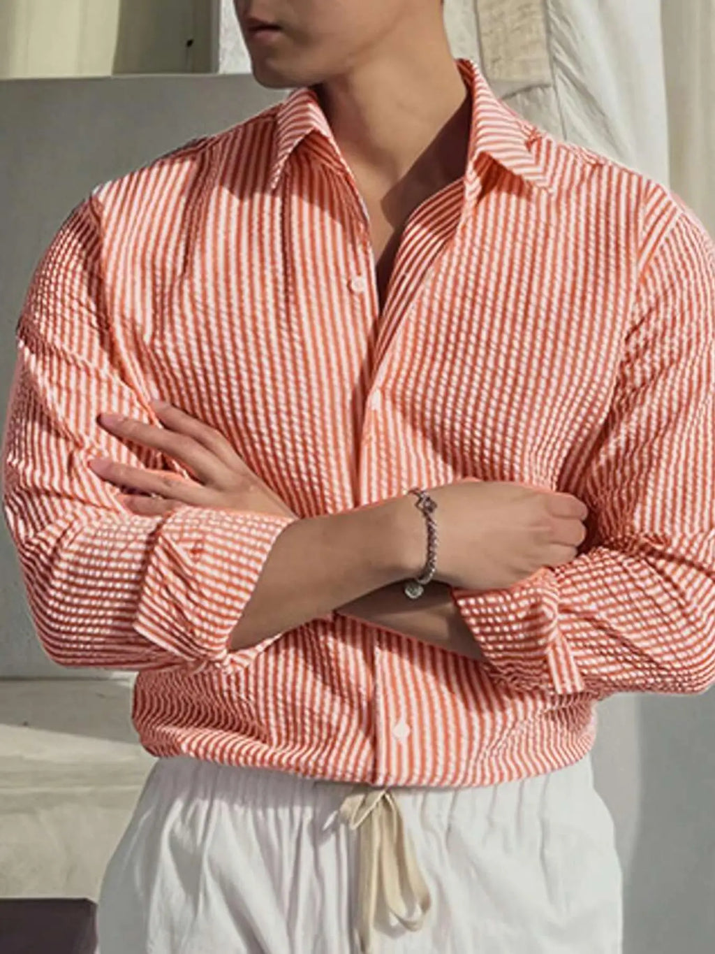 Camisa de Manga Larga a Rayas para Hombre, Corte Holgado, Elegante, Cómoda, Informal, para Todas las Temporadas, Ideal para Actividades al Aire Libre