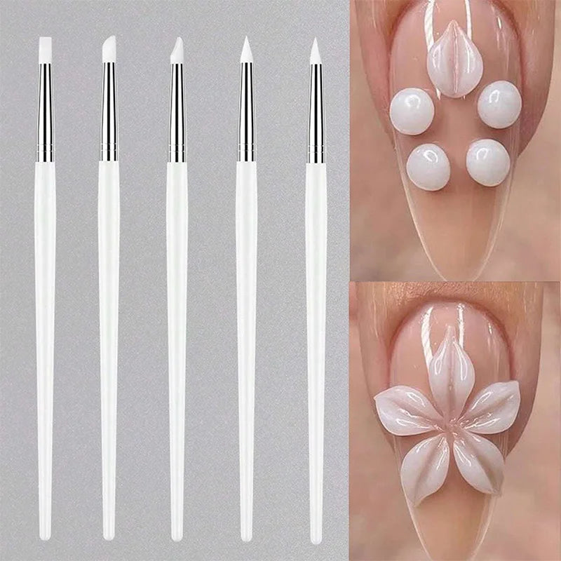 Juego de 5 Pinceles de Silicona para Uñas, Esmalte de Gel UV, Pincel para Puntos 3D, Herramientas Profesionales para Manicura DIY
