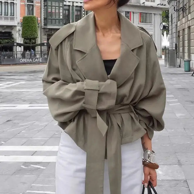 Gabardina lisa con cordones y solapa para mujer, abrigo corto holgado a la moda con mangas largas y hombros anchos, prendas de vestir para ir al trabajo de otoño 2025