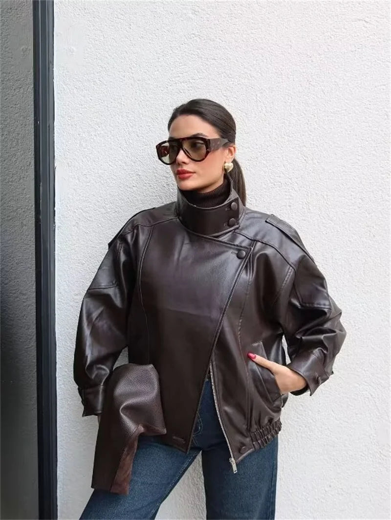 Chaqueta de Mujer Otoño 2026, Nueva Chaqueta Negra de Manga Larga de Cuero Sintético con Textura Granulada, Estilo Motociclista, a la Moda y con Personalidad