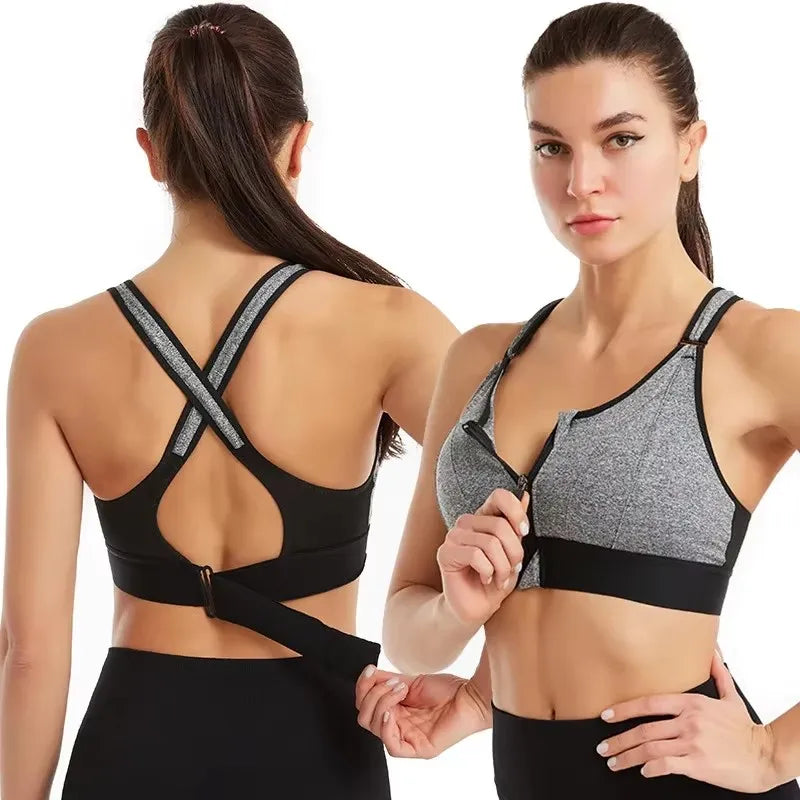 Sujetadores deportivos para mujer, cremallera frontal, correa ajustable, elástico a prueba de golpes, sujetador atlético para Fitness, Top corto ajustado para Yoga