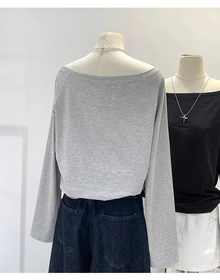 Otoño Invierno un hombro algodón manga larga hombro inclinado ropa de mujer estilo Interior ancho trufa hombro Base camisa