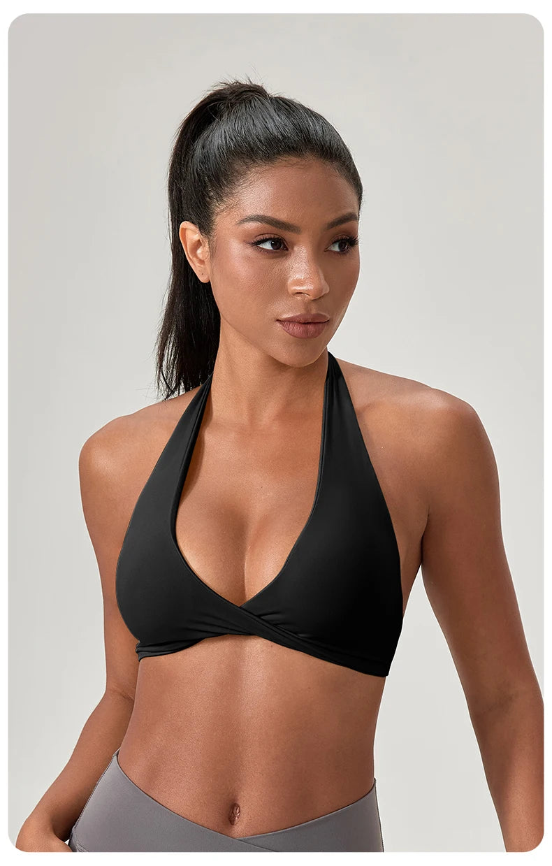 Sujetador deportivo de yoga para mujer, cuello halter con diseño de espalda elegante, sujetador de gimnasio sexy para correr, sujetadores deportivos de fitness
