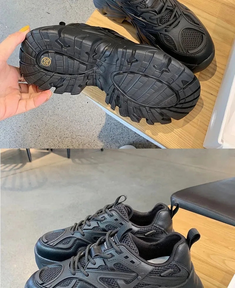 Nuevos zapatos deportivos de plataforma a la moda para mujer, zapatillas gruesas informales negras de verano 20224, zapatos de plataforma de cuero de malla para mujer