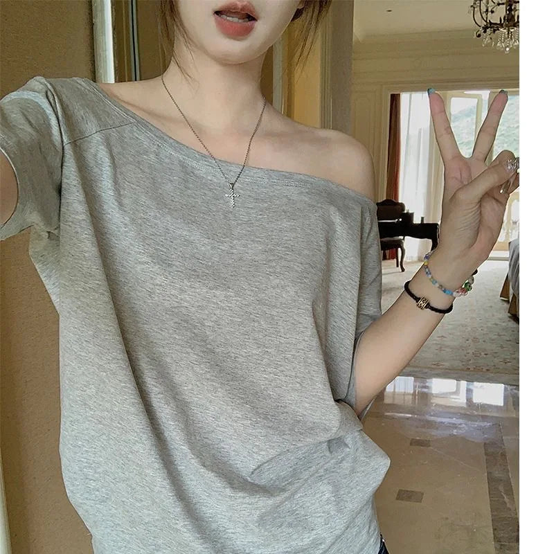 Otoño Invierno un hombro algodón manga larga hombro inclinado ropa de mujer estilo Interior ancho trufa hombro Base camisa