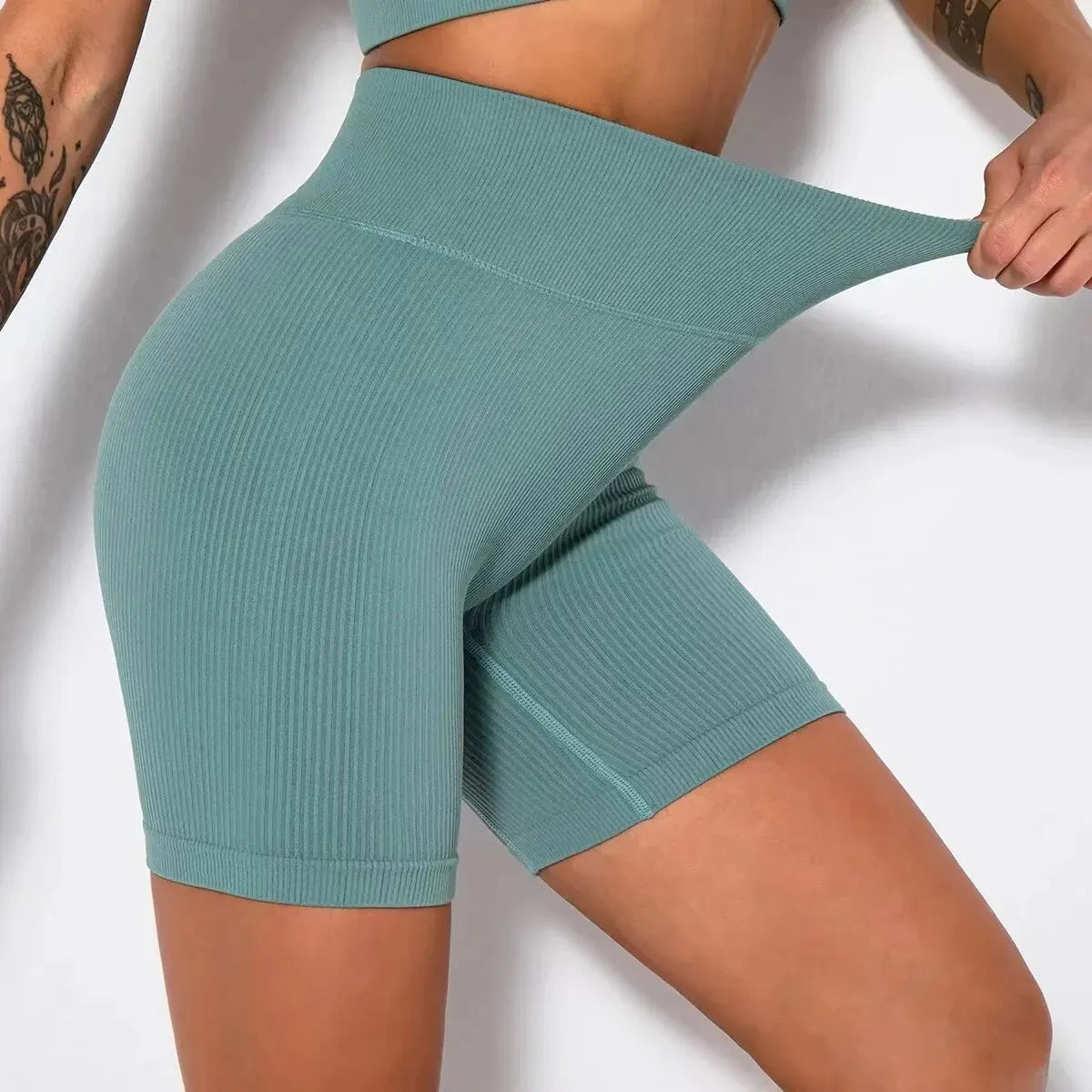 Pantalones cortos deportivos de punto sin costuras, pantalones cortos informales de cintura alta con realce para ciclismo, Fitness, correr, pantalones cortos ajustados de Yoga para levantamiento de cadera, ropa deportiva