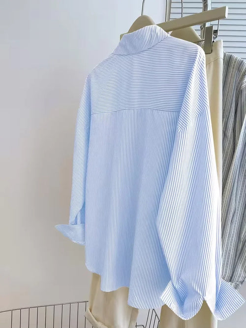 Blusa de manga larga para mujer, camisa informal de manga larga con botones frontales y estampado de caballero a rayas para mujer
