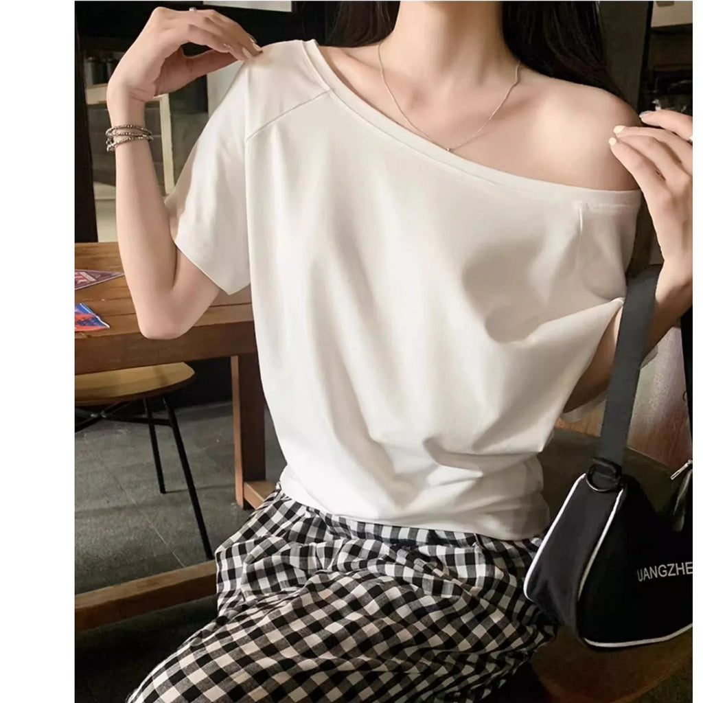 Otoño Invierno un hombro algodón manga larga hombro inclinado ropa de mujer estilo Interior ancho trufa hombro Base camisa