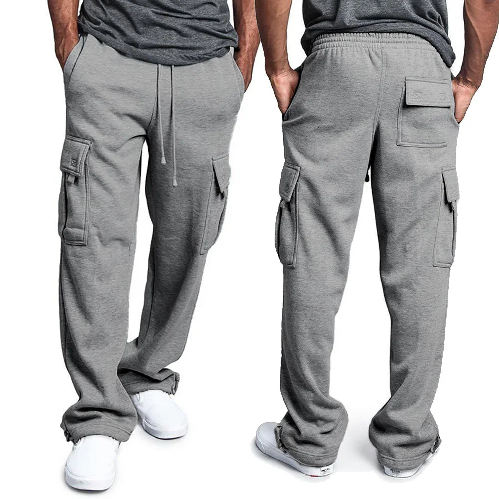 Pantalones de chándal de Ajuste Recto para hombre, ropa de calle para deportes y Joggers, pantalones largos holgados de gran tamaño con cordón, pantalones con múltiples bolsillos