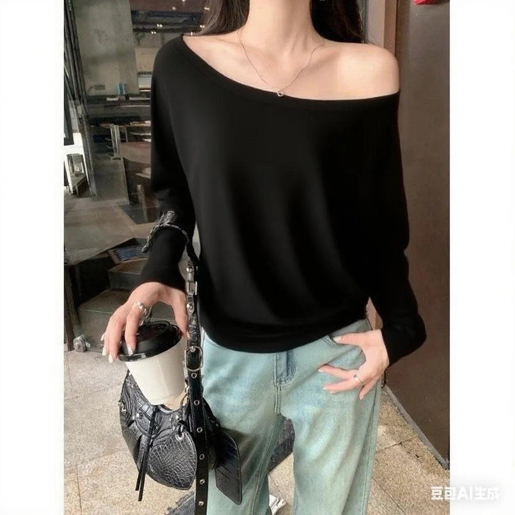 Otoño Invierno un hombro algodón manga larga hombro inclinado ropa de mujer estilo Interior ancho trufa hombro Base camisa