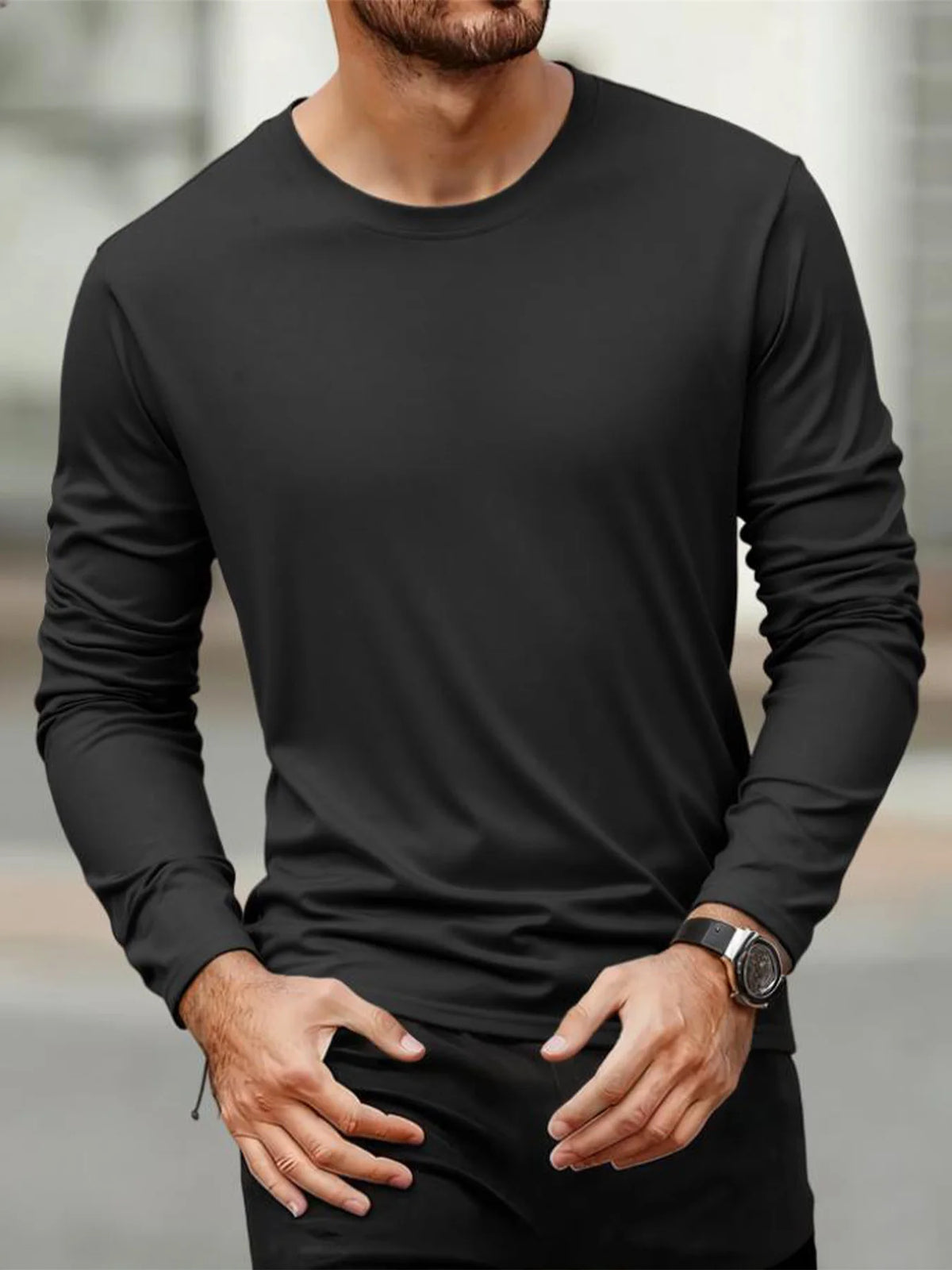 Camisetas de manga larga para hombre, camisetas informales con cuello redondo que absorben la humedad, camisetas deportivas cómodas y versátiles para hombre