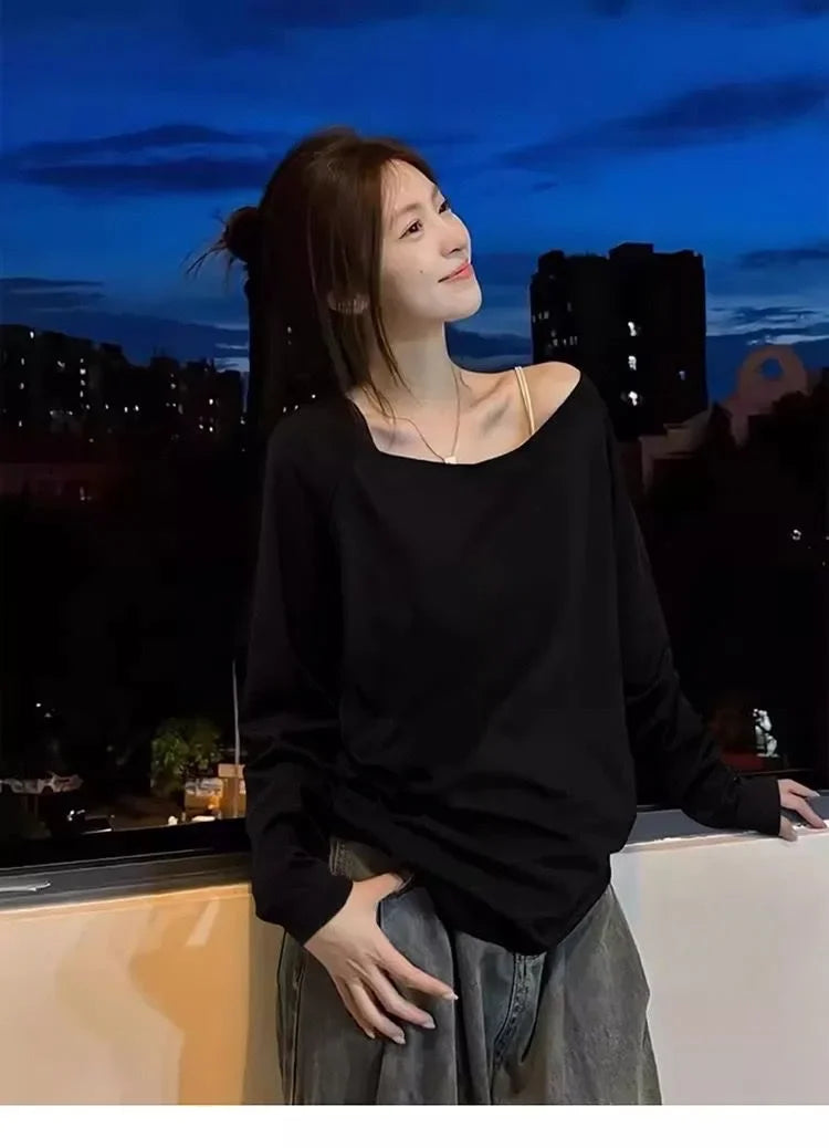 Otoño Invierno un hombro algodón manga larga hombro inclinado ropa de mujer estilo Interior ancho trufa hombro Base camisa