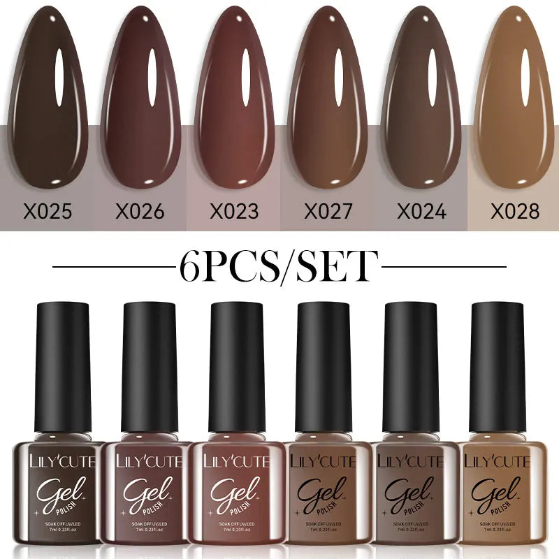 LILYCUTE-Juego de esmaltes en Gel para uñas, barniz semipermanente para manicura UV, serie café, 125 colores, 7ml, 6 unidades por Set