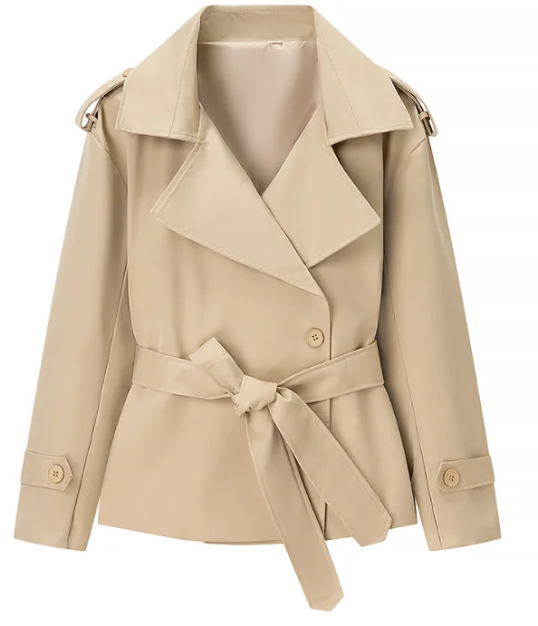 Gabardina lisa con cordones y solapa para mujer, abrigo corto holgado a la moda con mangas largas y hombros anchos, prendas de vestir para ir al trabajo de otoño 2025