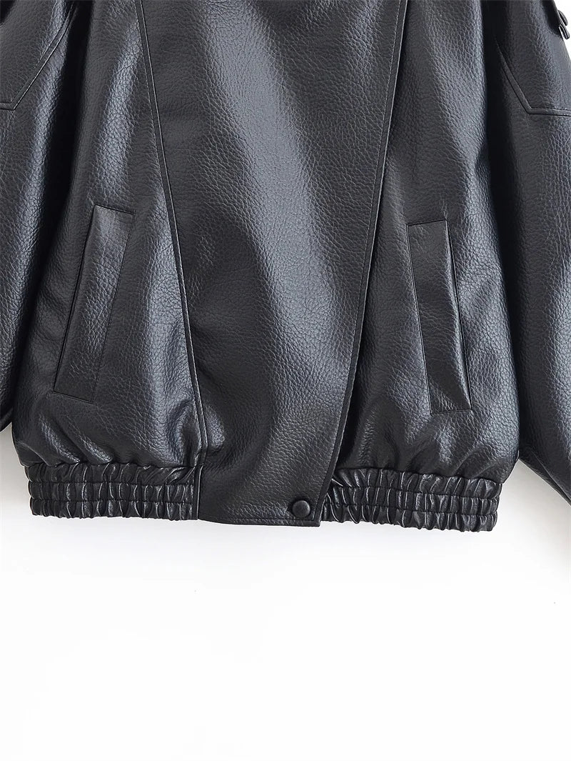 Chaqueta de Mujer Otoño 2026, Nueva Chaqueta Negra de Manga Larga de Cuero Sintético con Textura Granulada, Estilo Motociclista, a la Moda y con Personalidad