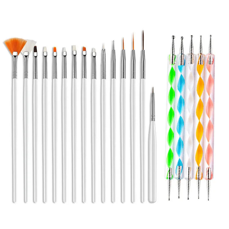 Juego de pinceles para decoración de uñas, 20/15 unidades, polvo líquido para manicura, tallado, esmalte de uñas en Gel UV, pluma de pintura, herramienta de construcción de extensión acrílica para uñas