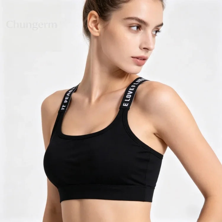 Ropa interior deportiva para mujer, top corto sin costuras para yoga y fitness, con tirantes anchos con letras, cómodo para entrenamiento, ropa deportiva sin aros en la espalda
