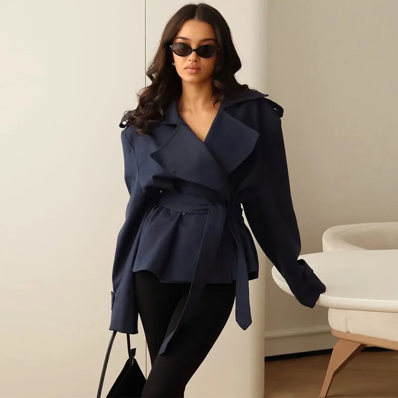 F nueva moda gabardina recortada con cordones para mujer solapa manga larga chaqueta cortavientos con hombros anchos chaquetas diarias para ir al trabajo en otoño