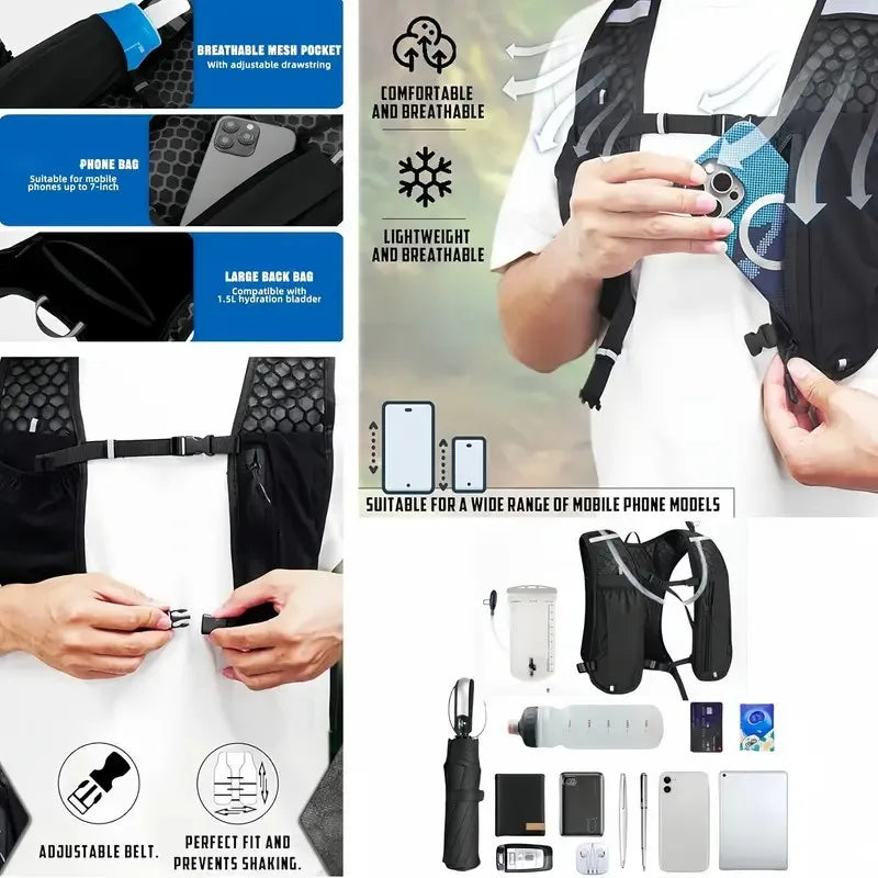 Chaleco para Correr, Mochila para Correr con Botella de Agua, Ligero, Transpirable, Bolsillos Extra Grandes, Paquetes de Hidratación para Mujeres y Hombres