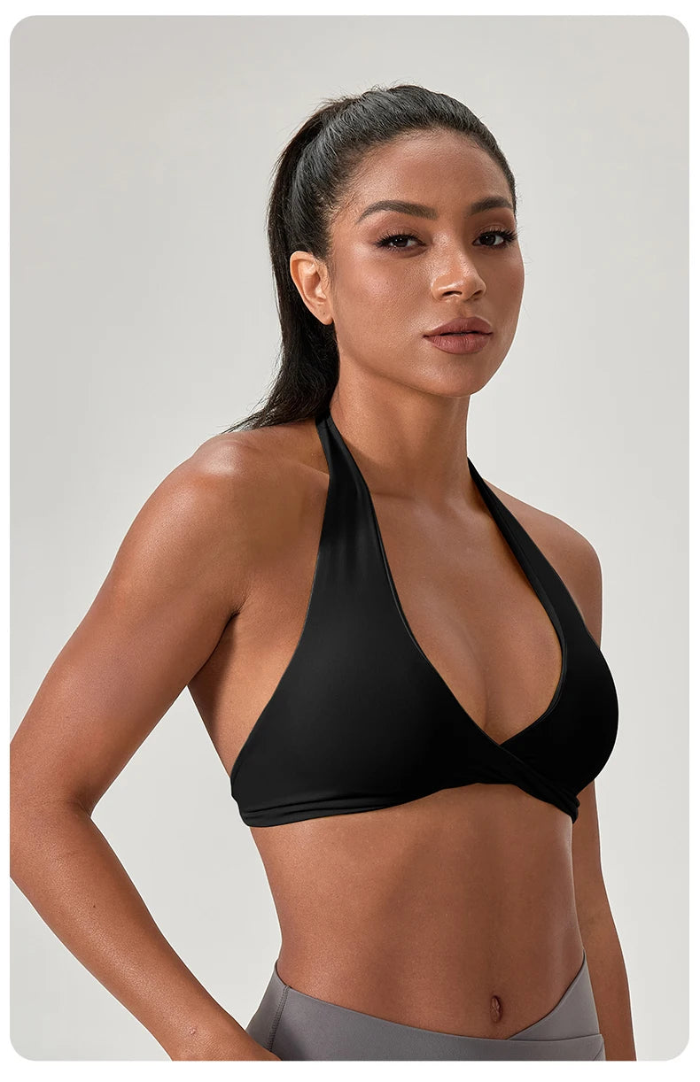 Sujetador deportivo de yoga para mujer, cuello halter con diseño de espalda elegante, sujetador de gimnasio sexy para correr, sujetadores deportivos de fitness