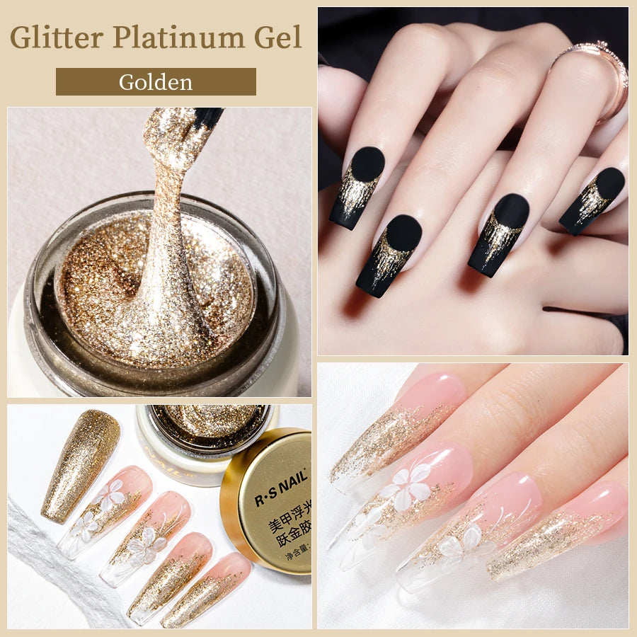 RSNAIL Esmalte de Uñas en Gel Platino Sin Capa Pegajosa 8g, Gel Metálico Brillante Dorado y Plateado para Delineado, Delineador para Dibujo Francés, Arte de Uñas DIY