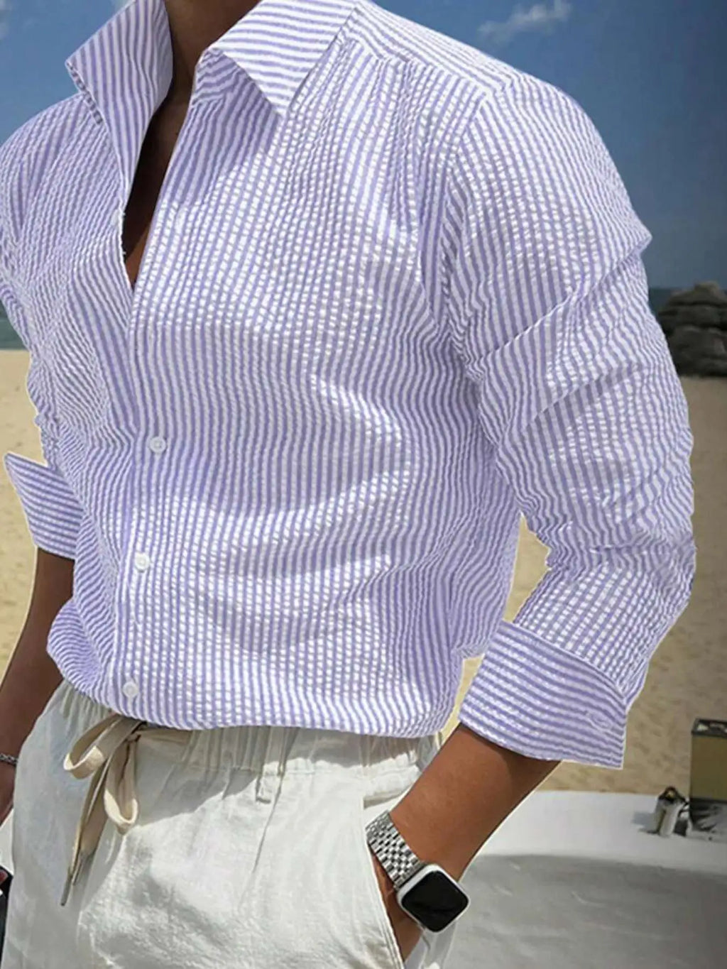 Camisa de Manga Larga a Rayas para Hombre, Corte Holgado, Elegante, Cómoda, Informal, para Todas las Temporadas, Ideal para Actividades al Aire Libre