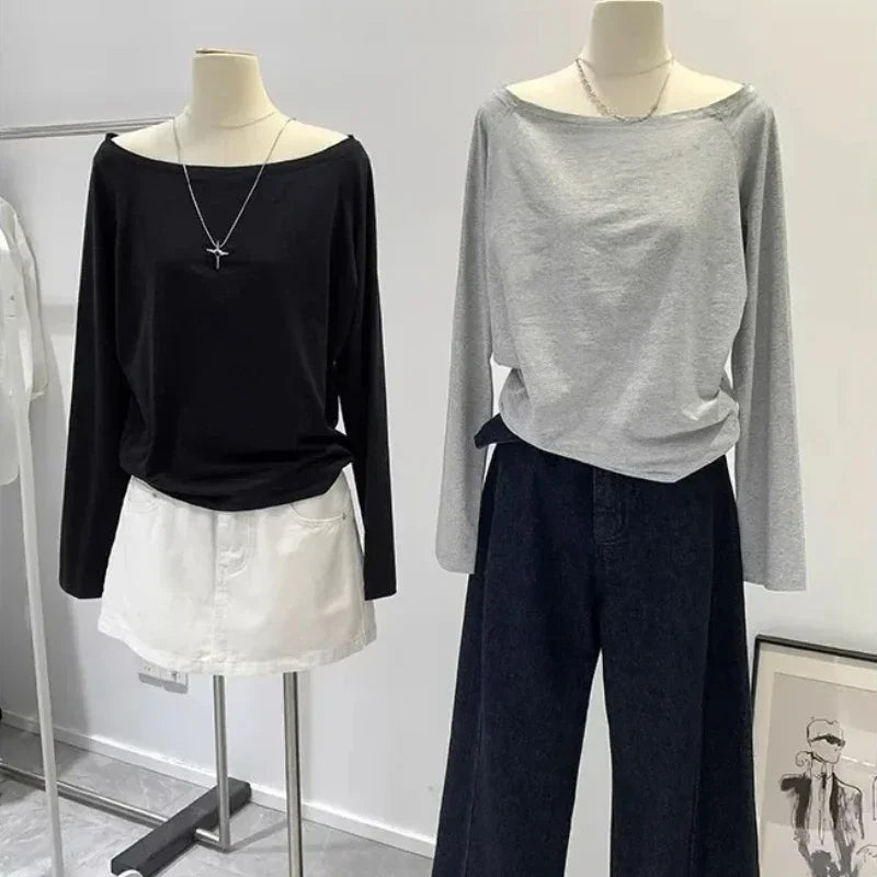 Otoño Invierno un hombro algodón manga larga hombro inclinado ropa de mujer estilo Interior ancho trufa hombro Base camisa