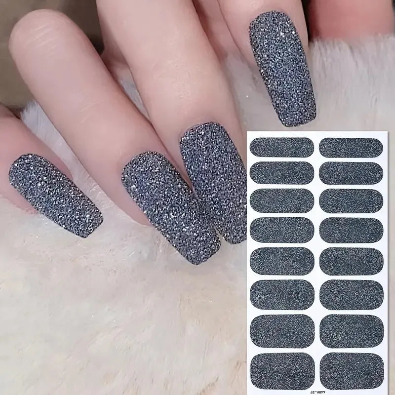 8 hojas de tiras de esmalte de uñas de envoltura completa, pegatinas de uñas de Gel autoadhesivas con purpurina de uñas rosa, para mujeres, suministros de uñas DIY para el hogar, Kit de manicura
