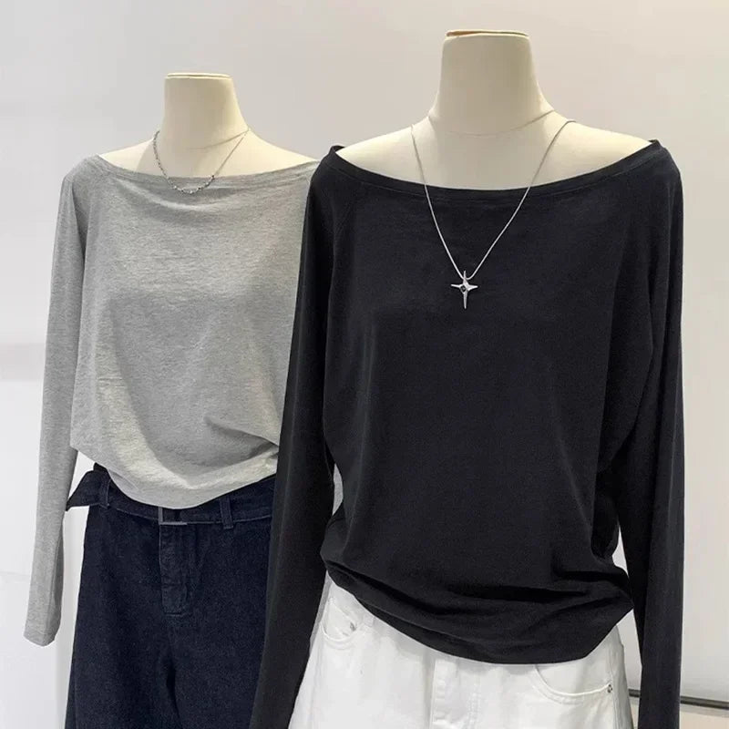 Otoño Invierno un hombro algodón manga larga hombro inclinado ropa de mujer estilo Interior ancho trufa hombro Base camisa