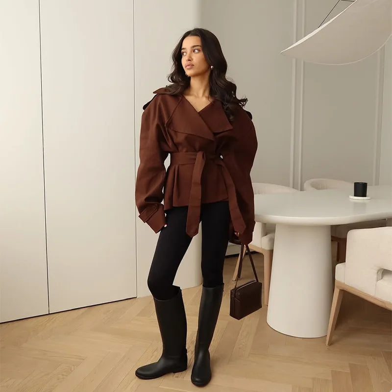 F nueva moda gabardina recortada con cordones para mujer solapa manga larga chaqueta cortavientos con hombros anchos chaquetas diarias para ir al trabajo en otoño