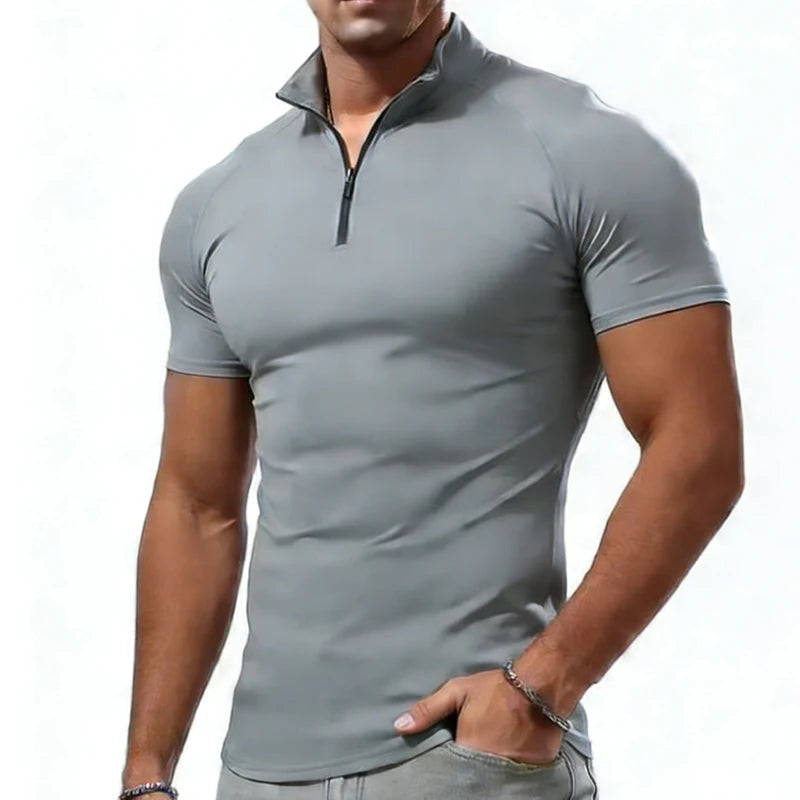 Camiseta de compresión para hombre, de verano, con cuello con cremallera, tops masculinos, camiseta de gimnasio, fitness, ajustada, casual, a la moda