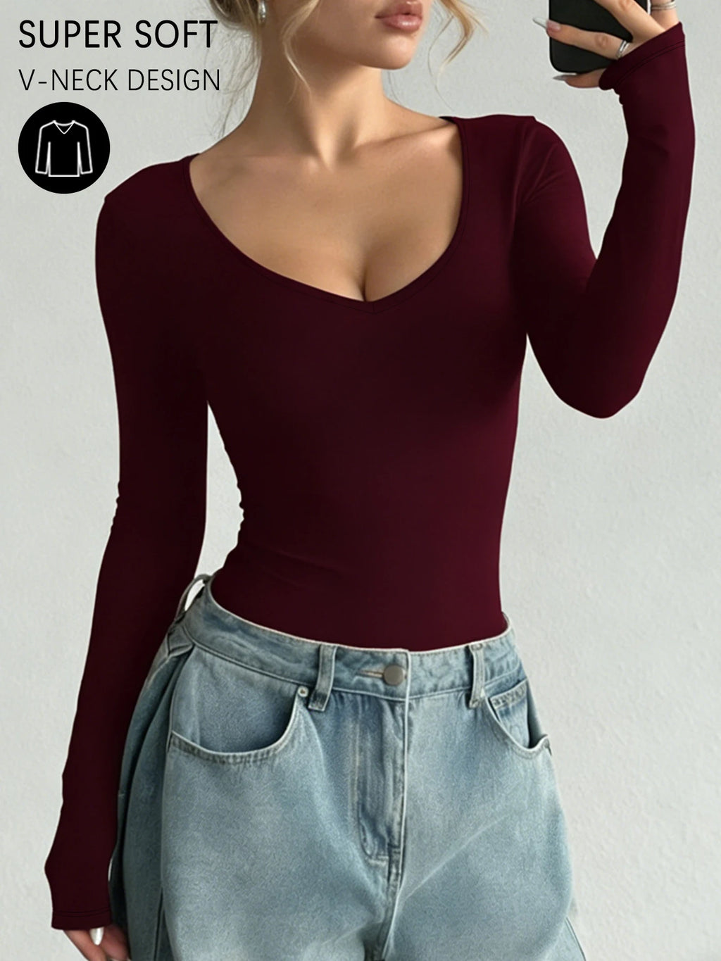 Camiseta de manga larga para mujer, cuello en V súper suave y muy elástico, ajuste para todas las estaciones
