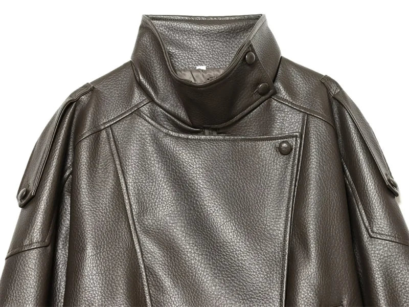 Chaqueta de Mujer Otoño 2026, Nueva Chaqueta Negra de Manga Larga de Cuero Sintético con Textura Granulada, Estilo Motociclista, a la Moda y con Personalidad
