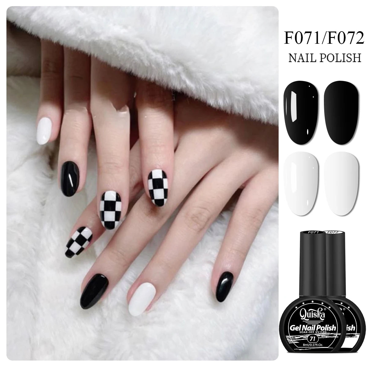 Quiska - Juego de 2 Esmaltes de Uñas en Gel Blanco y Negro de 8 ml, Semipermanentes, Secado con Lámpara UV LED, Herramientas de Manicura, Diseño DIY