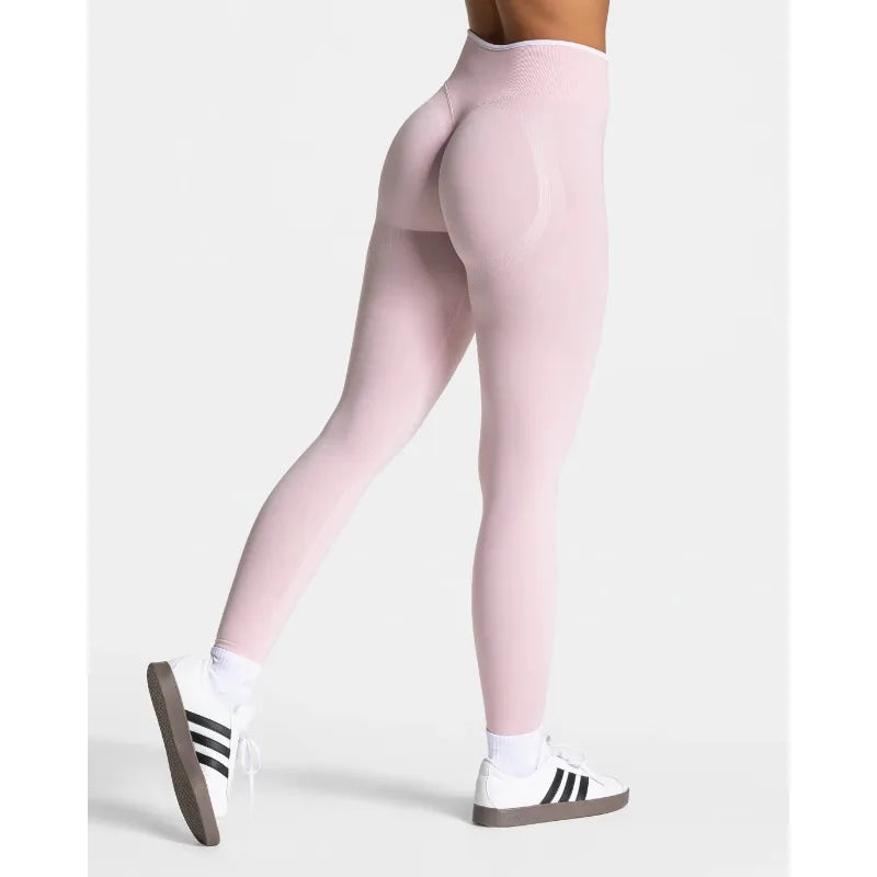 Nuevos leggings de yoga para mujer con bloques de color, mallas sin costuras de punto, cintura alta, efecto levantacola, para gimnasio y entrenamiento, con borde blanco, leggings deportivos.