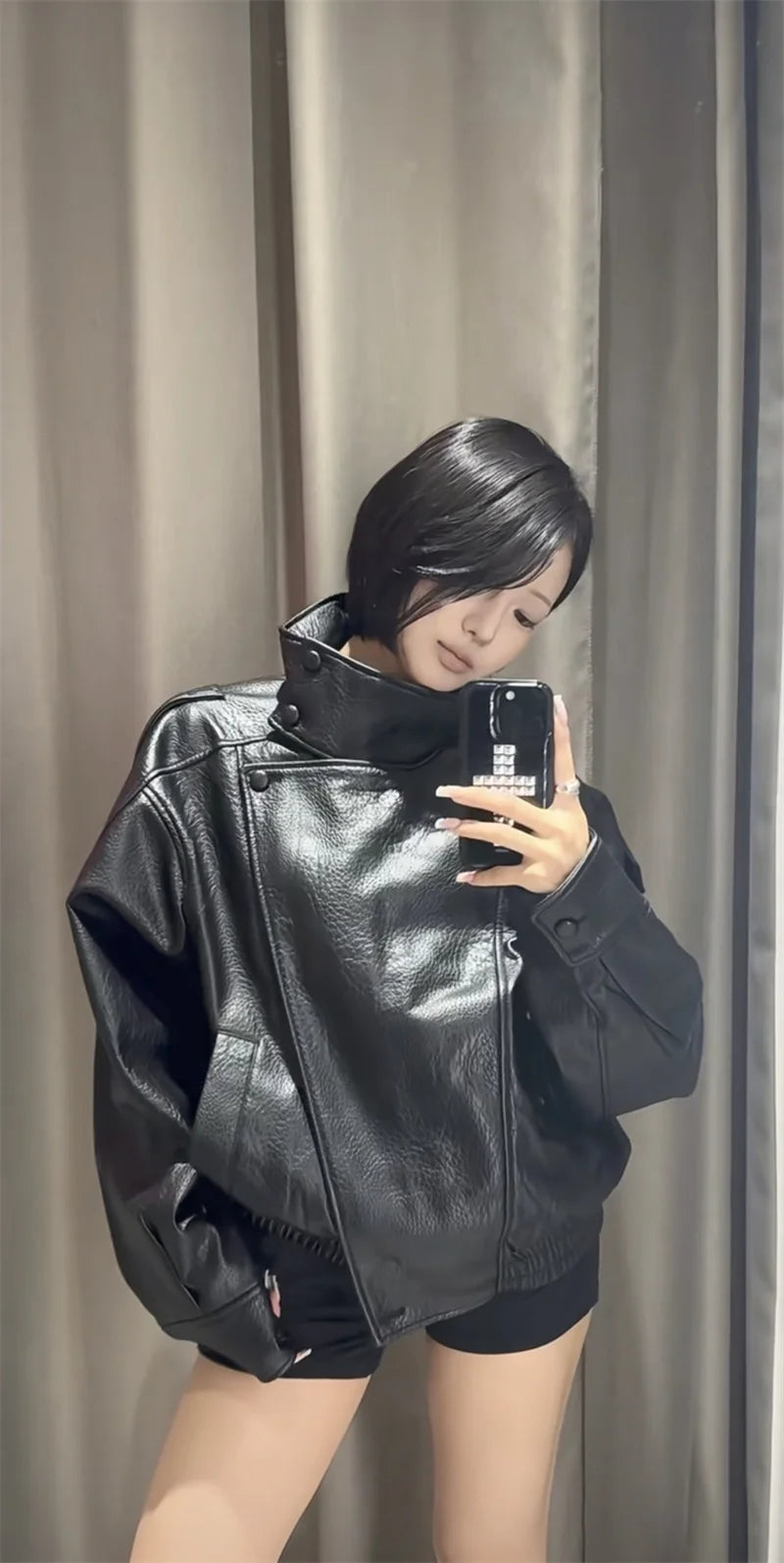 Chaqueta de Mujer Otoño 2026, Nueva Chaqueta Negra de Manga Larga de Cuero Sintético con Textura Granulada, Estilo Motociclista, a la Moda y con Personalidad