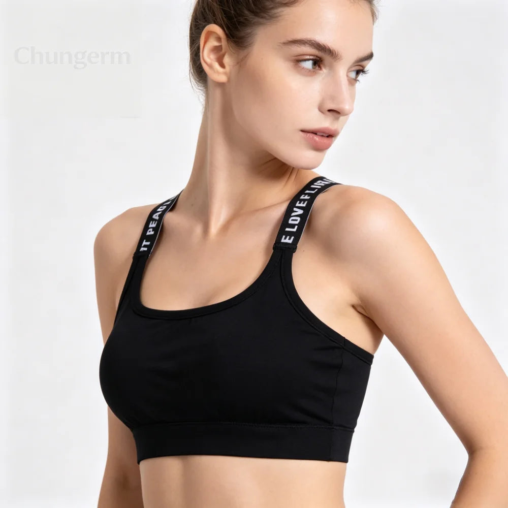 Ropa interior deportiva para mujer, top corto sin costuras para yoga y fitness, con tirantes anchos con letras, cómodo para entrenamiento, ropa deportiva sin aros en la espalda