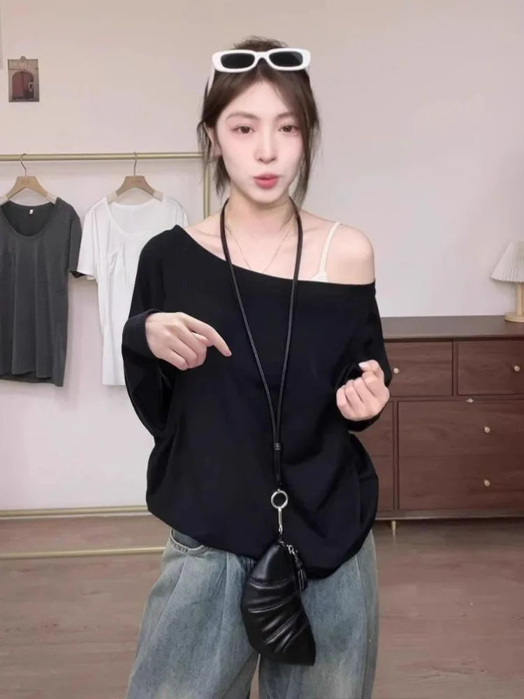 Otoño Invierno un hombro algodón manga larga hombro inclinado ropa de mujer estilo Interior ancho trufa hombro Base camisa
