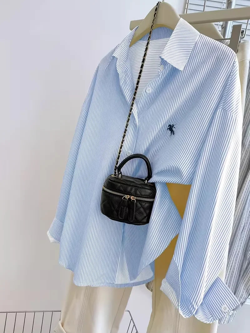 Blusa de manga larga para mujer, camisa informal de manga larga con botones frontales y estampado de caballero a rayas para mujer