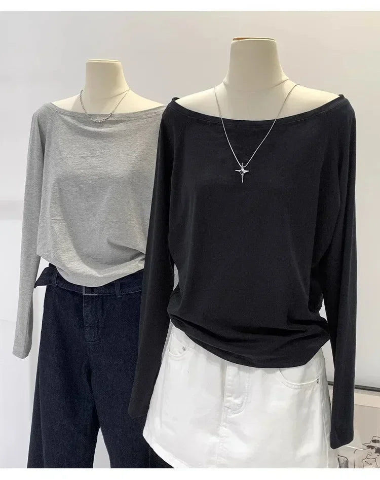 Otoño Invierno un hombro algodón manga larga hombro inclinado ropa de mujer estilo Interior ancho trufa hombro Base camisa